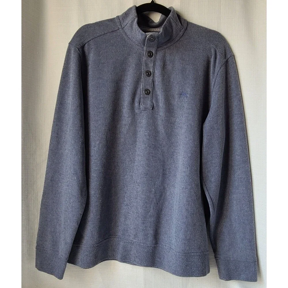 Tommy Bahama Mens L Gray Quarter Button Mock Neck Pullover Sweater Cotton Blend